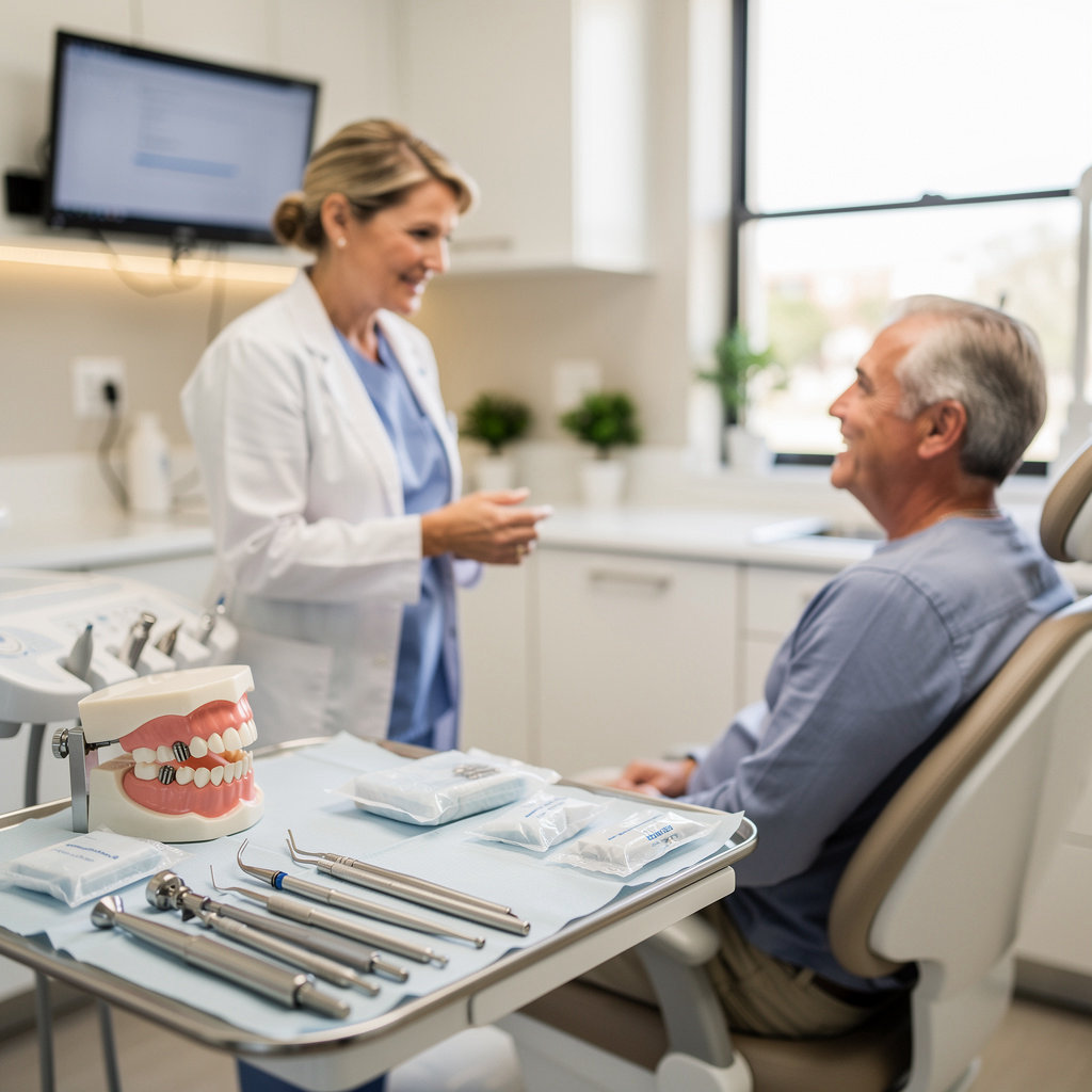 Westbury Lawrence W DDS periodontist discussing advanced gum surgery and dental implant treatment options with a patient